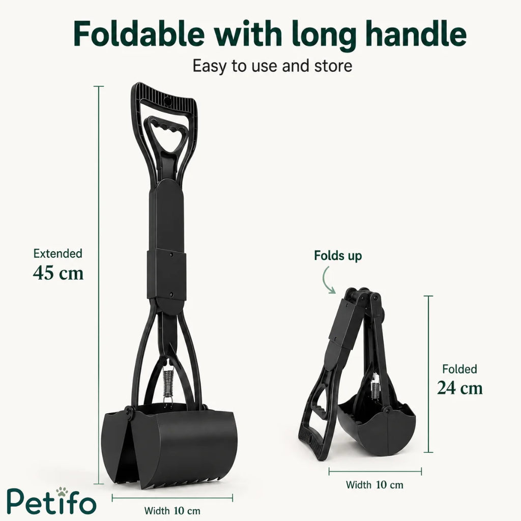 Size dimension and design graphic showing the extended 45 cm and folded 24 cm lengths of the dog pooper scooper.