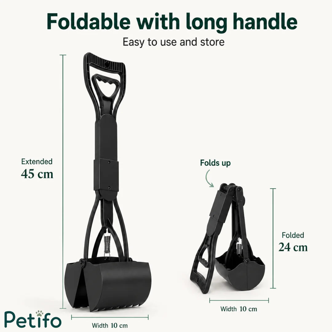 Size dimension and design graphic showing the extended 45 cm and folded 24 cm lengths of the dog pooper scooper.