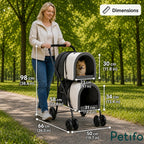Woman walking with a small dog in a Petifo double-decker pet stroller with size dimensions