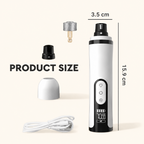 Detailed product size dimensions for an electric pet nail grinder, showing a total height of 15.9 cm and a width of 3.5 cm,