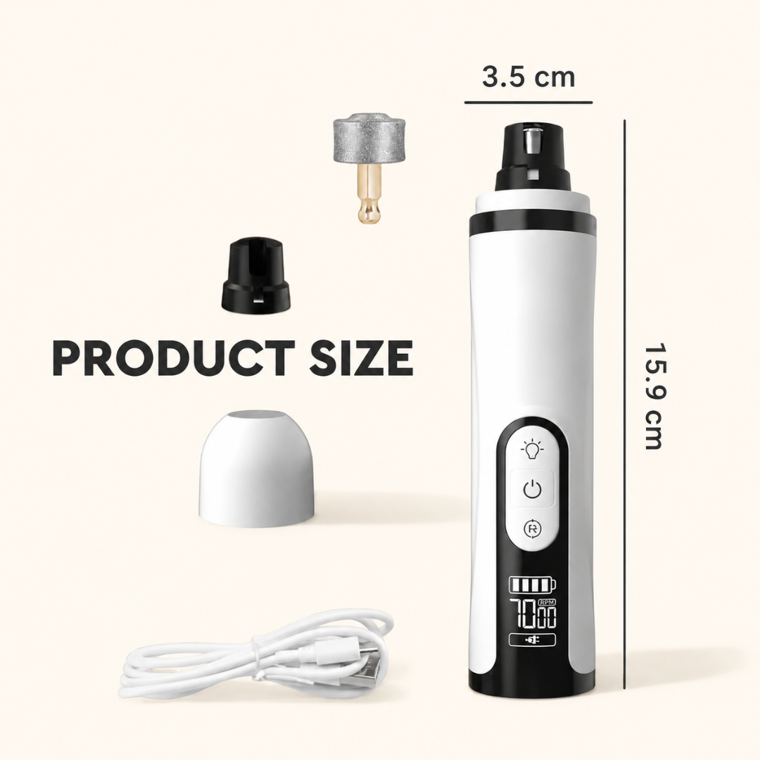 Detailed product size dimensions for an electric pet nail grinder, showing a total height of 15.9 cm and a width of 3.5 cm,