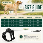 Comprehensive size guide chart for the dog harness with neck, chest, weight, and leash length measurements for sizes M, L, and XL.