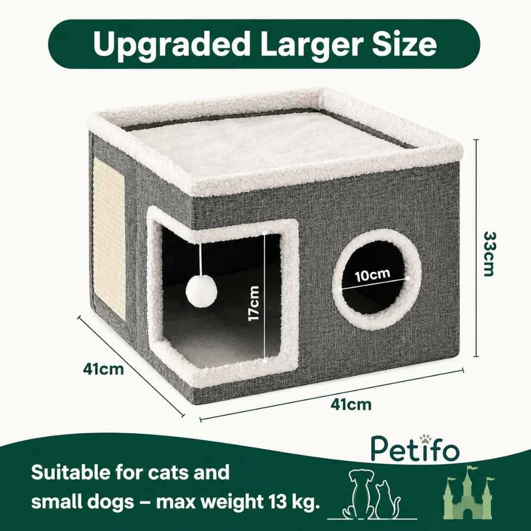 Size guide infographic showing the 41x41x33 cm dimensions of the upgraded larger Lunatto cat house suitable for pets up to 13 kg.
