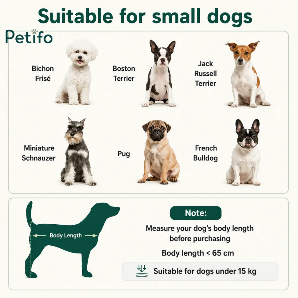 Size guide for a small pet dog house listing suitable breeds and measurement requirements under 15 kg.