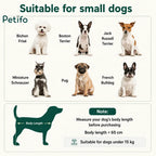 Size guide for a small pet dog house listing suitable breeds and measurement requirements under 15 kg.
