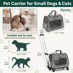 Informative product size guide for a grey pet carrier showing dimensions for small cats and dogs.