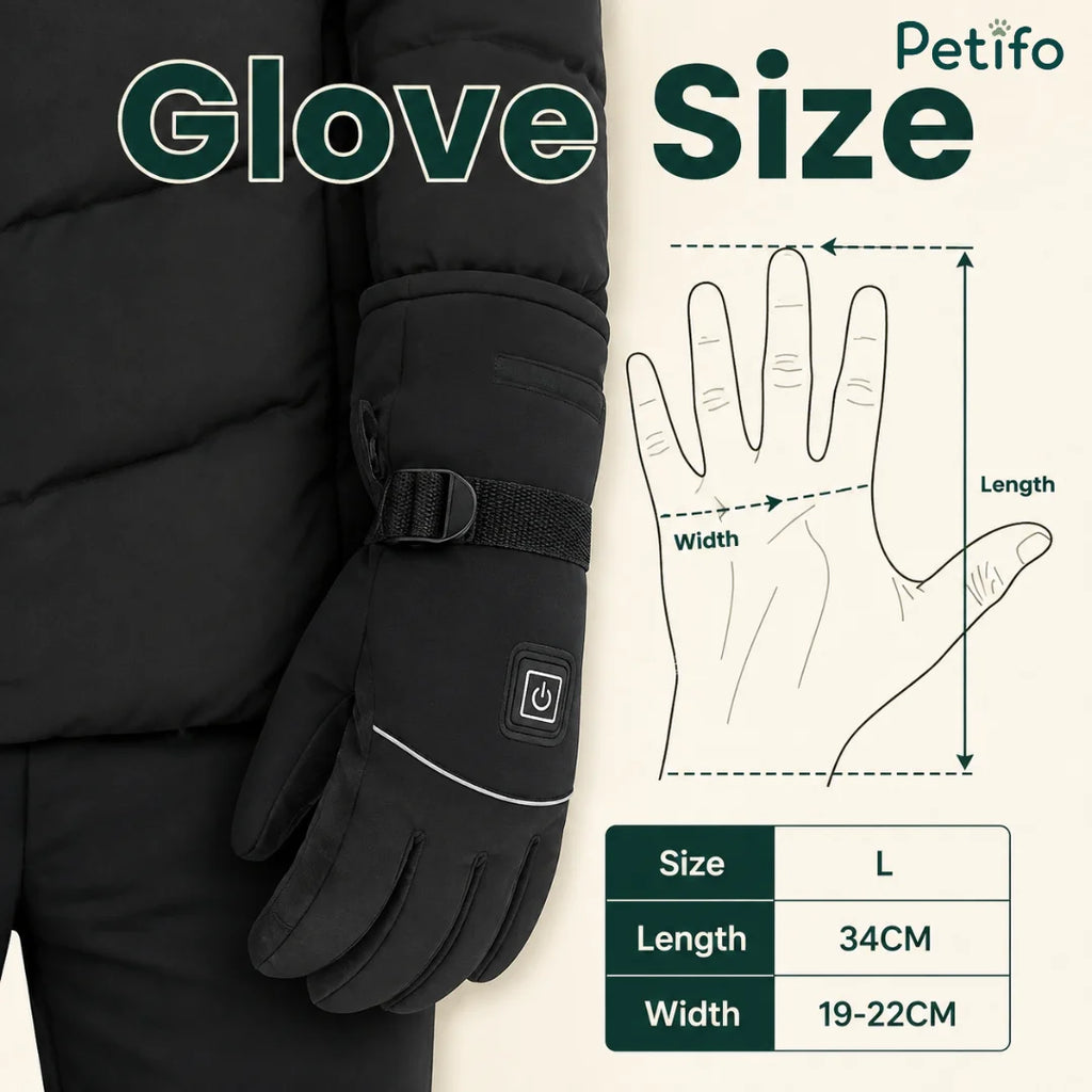 Size guide illustration for the Petifo heated gloves displaying a length of $34\text{ cm}$ and a palm width of $19\text{--}22\text{ cm}$ for a large fit.