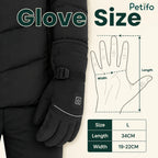Size guide illustration for the Petifo heated gloves displaying a length of $34\text{ cm}$ and a palm width of $19\text{--}22\text{ cm}$ for a large fit.