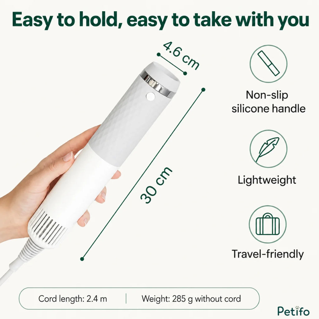 Product size infographic showing the Petifo pet dryer measuring 30 cm in length, 4.6 cm in diameter, and weighing 285 grams without cord.