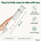 Product size infographic showing the Petifo pet dryer measuring 30 cm in length, 4.6 cm in diameter, and weighing 285 grams without cord.