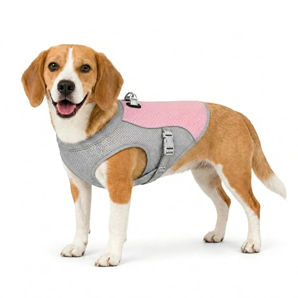 Beagle wearing a pink cooling vest in size medium.