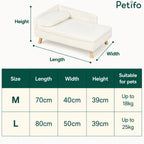 A sizing chart for Petifo pet sofas comparing M and L dimensions and weight capacities.