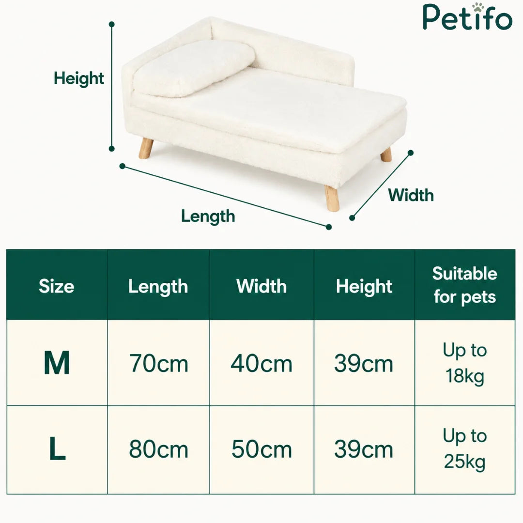 A sizing chart for Petifo pet sofas comparing M and L dimensions and weight capacities.