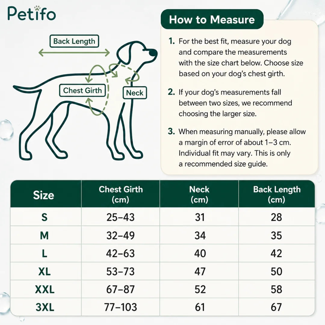 Dog cooling vest sizing chart with chest girth, neck, and back length measurements.