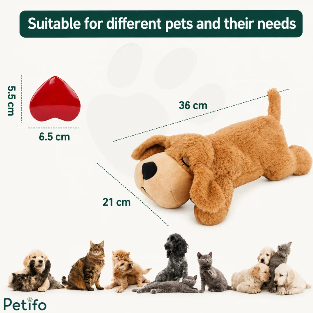 Product dimension and sizing guide showing measurements for the plush anxiety dog toy and heart module alongside various pets.