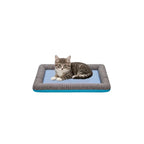 A cute grey tabby cat lying relaxed on a small blue and grey striped cooling pet bed against a white background.
