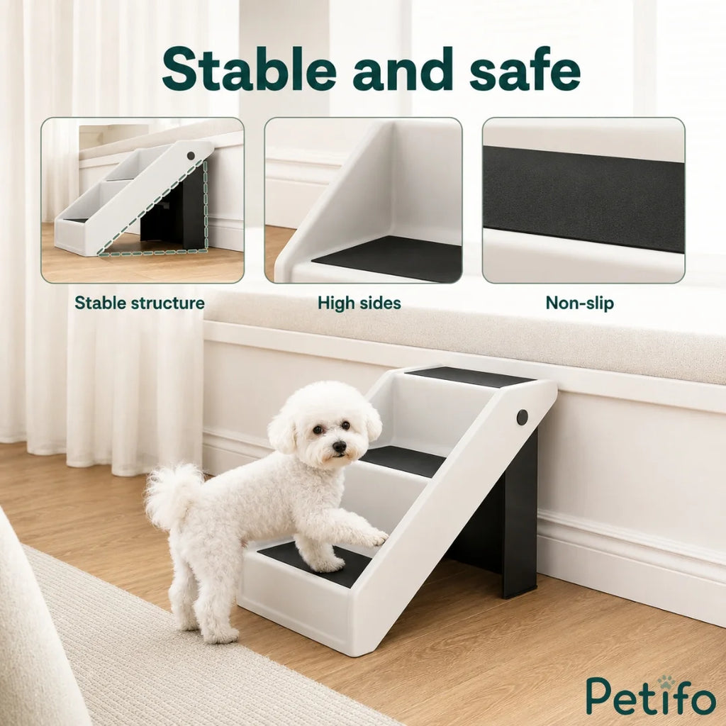 Small white dog using stable, non-slip pet stairs.