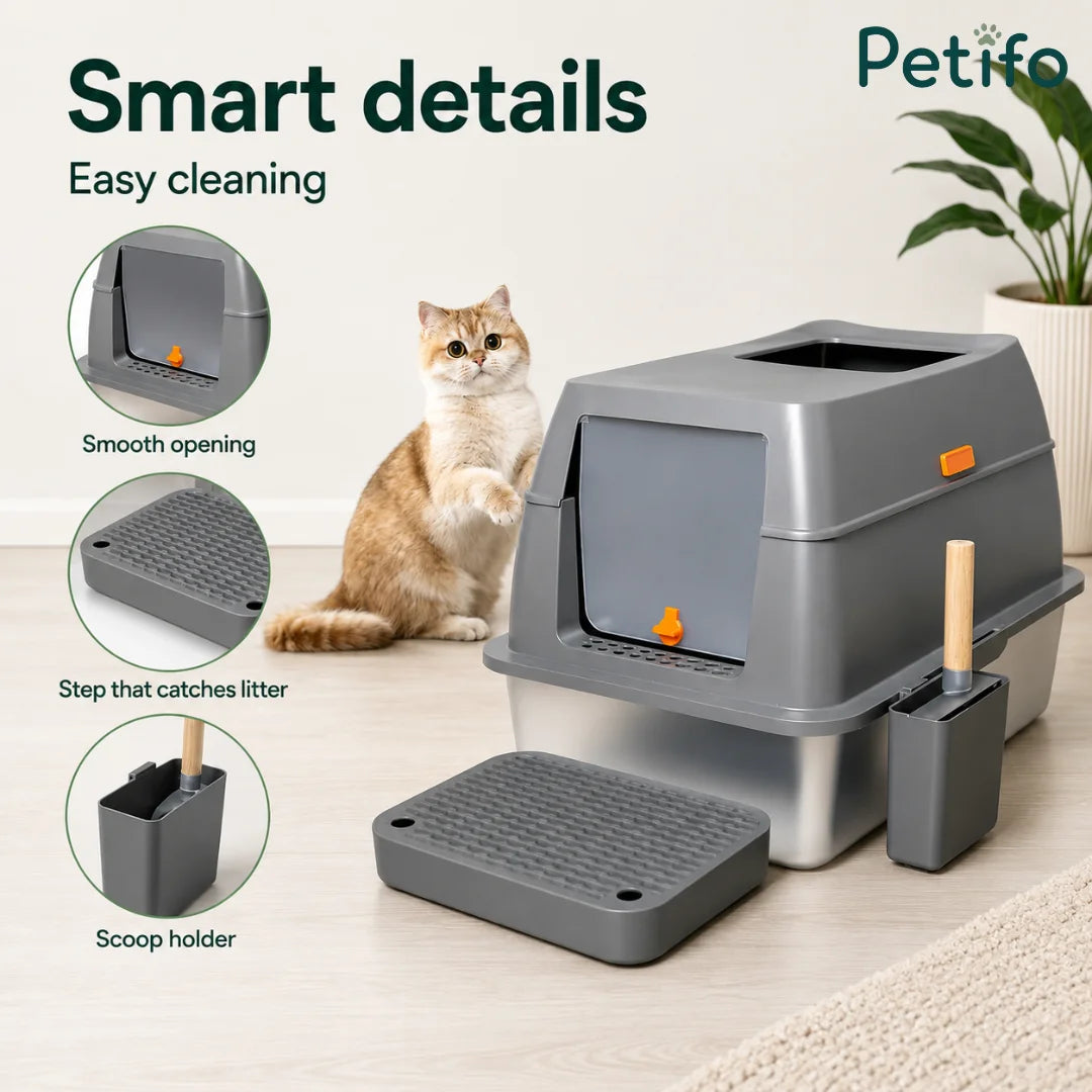 Smart details of a modern cat litter box including a smooth opening door, integrated scoop holder, and a litter-catching step.
