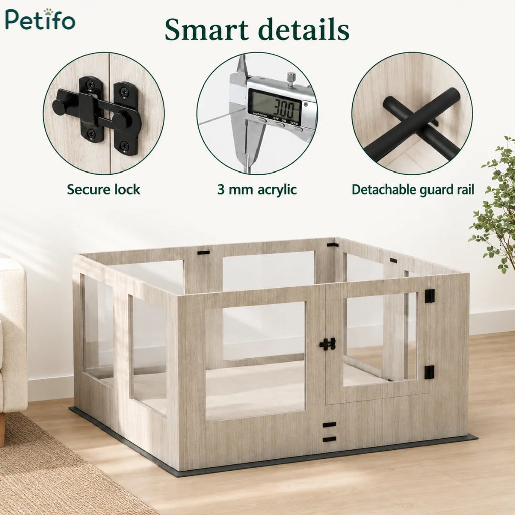 Smart details infographic highlighting key product features of the Petifo playpen, including a secure lock, 3 mm thick acrylic panels, and a detachable guard rail.