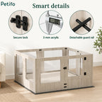Smart details infographic highlighting key product features of the Petifo playpen, including a secure lock, 3 mm thick acrylic panels, and a detachable guard rail.