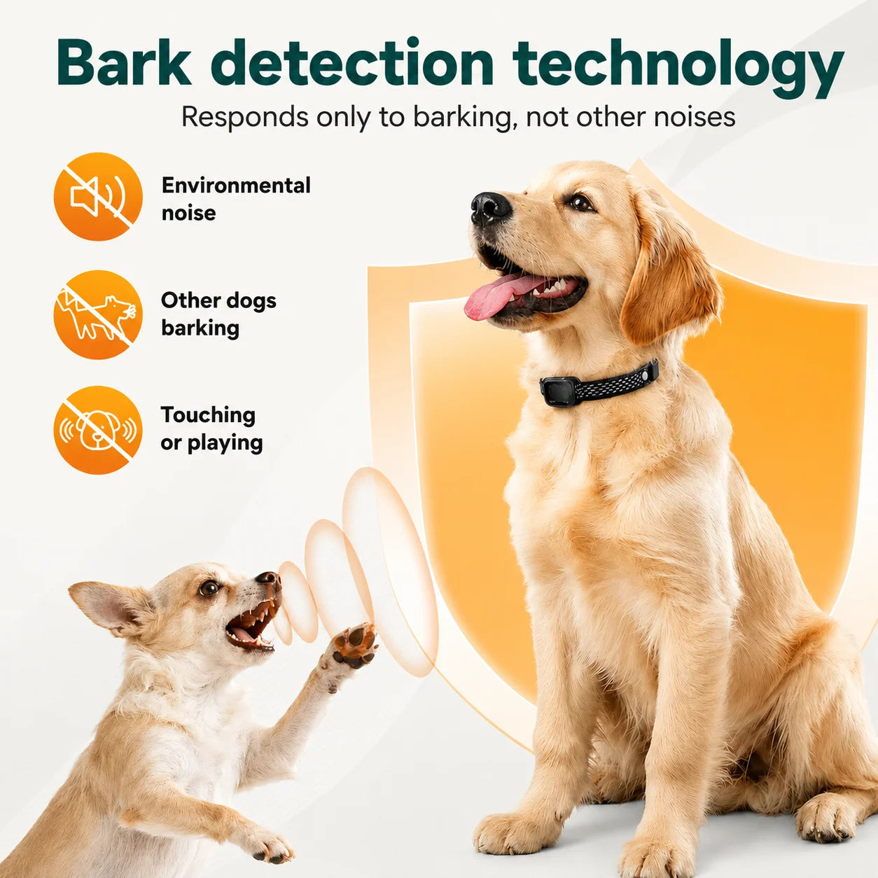 Smart detection feature infographic showing a Golden Retriever wearing a bark collar that filters out background noise.