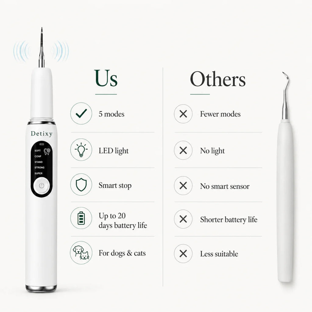 Comparison infographic highlighting the premium smart features of the Detixy pet dental scaler versus standard pet teeth cleaning tools.