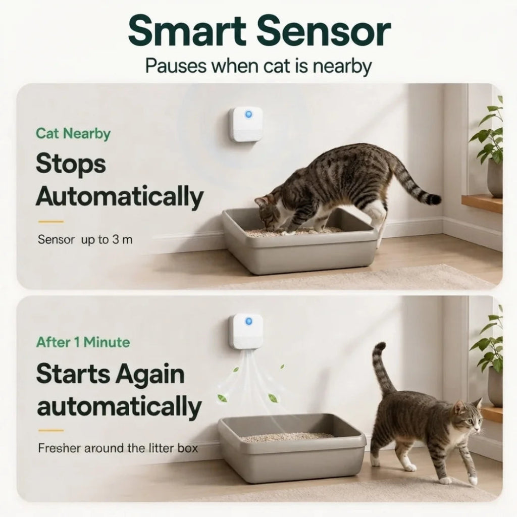 Illustration showing the smart sensor automatically pausing when a cat is nearby and resuming later.