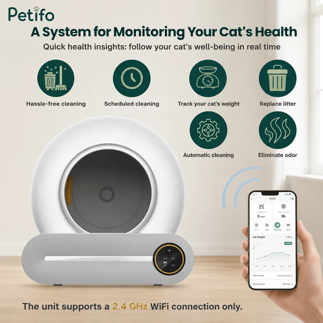A smartphone displaying app-based remote control features for a smart cat litter box, including automatic and manual modes