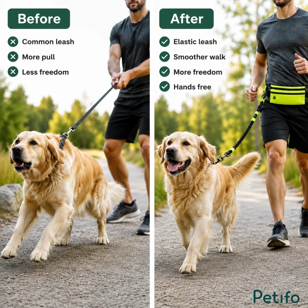 Before and after comparison demonstrating the strain of a common leash versus the smooth, hands-free freedom of an elastic dog leash.