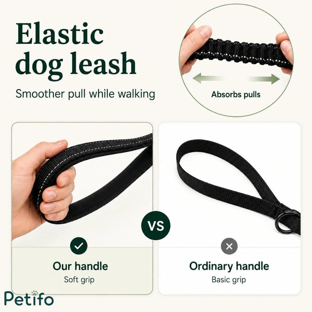 Comparison showing the ergonomic soft-grip handle of the elastic dog leash against an ordinary handle design.