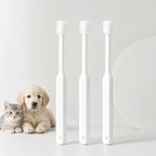 Three white silicone pet toothbrushes next to a fluffy golden retriever puppy and a grey kitten.