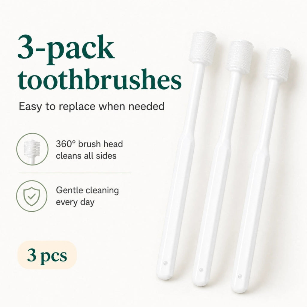 Product display of a 3-pack of white 360-degree silicone pet toothbrushes for daily dental care.