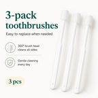 Product display of a 3-pack of white 360-degree silicone pet toothbrushes for daily dental care.