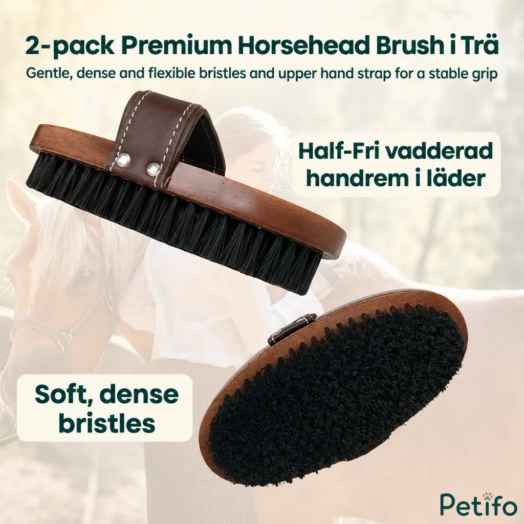Promotional graphic featuring two premium wooden horse brushes with dense soft bristles and leather hand straps.