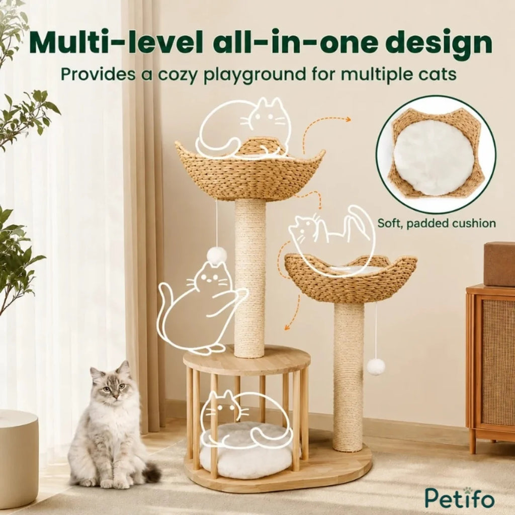 All-in-one multi-level cat tree playground featuring soft padded cushions inside woven baskets next to a modern room.