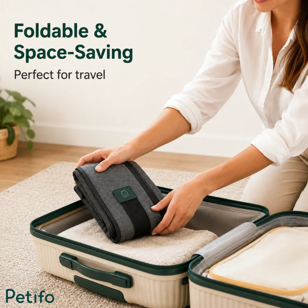 Space-saving foldable travel cat litter box being packed neatly into a suitcase.