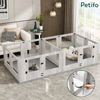 Spacious customizable wooden pet playpen for cats and dogs, featuring a secure locking door mechanism.