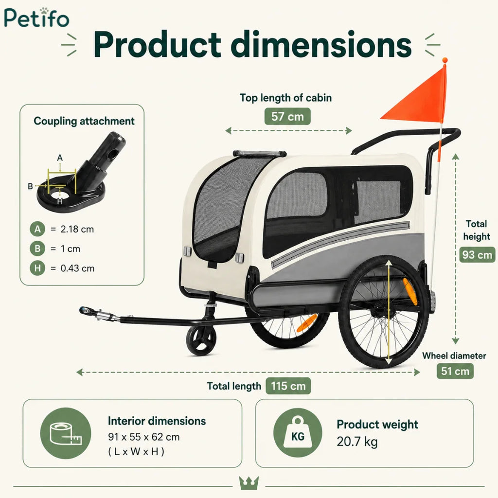 Technical specifications for the Petifo pet bike trailer, displaying a total length of 115 cm, interior dimensions of 91 x 55 x 62 cm, and coupling attachment measurements.