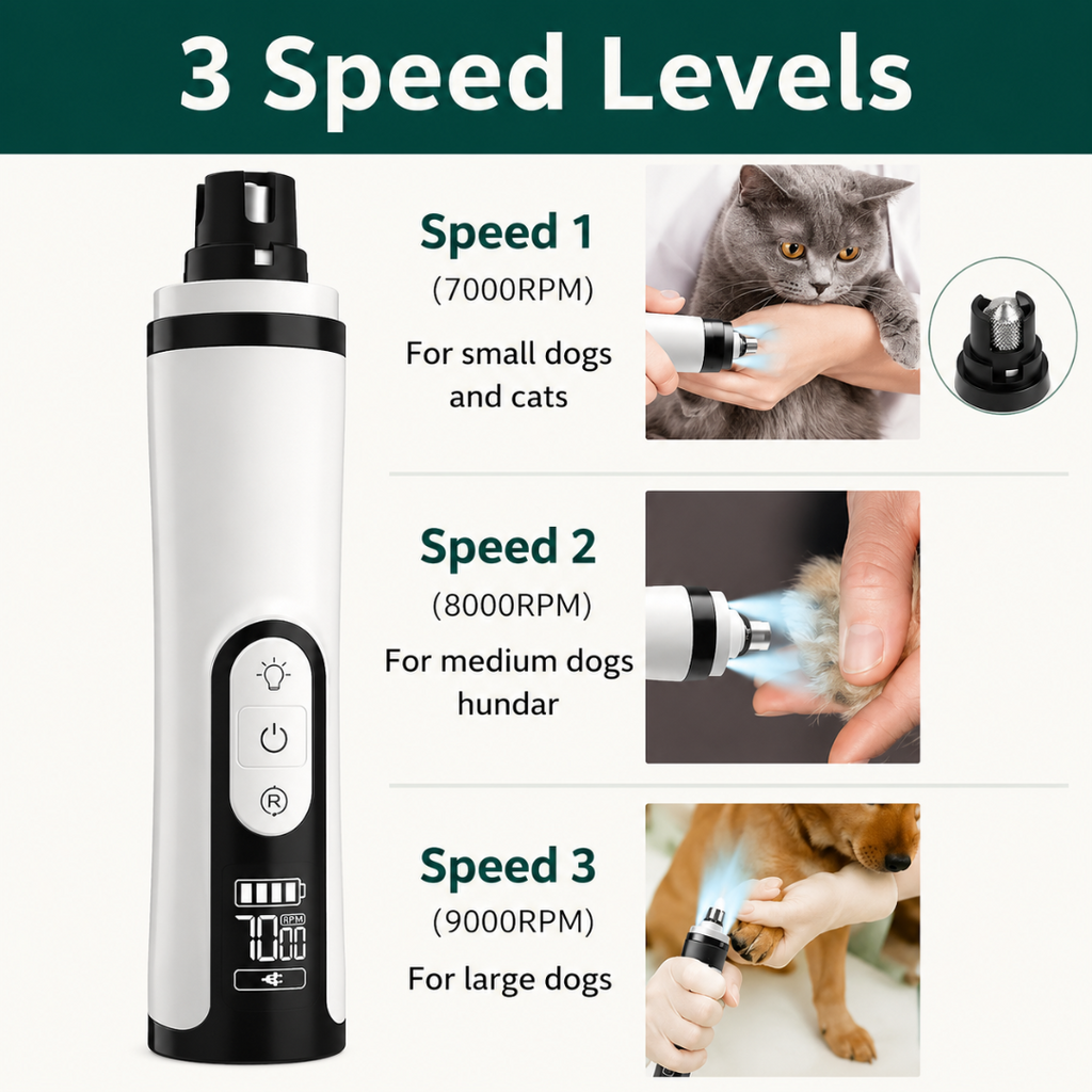 Electric pet nail grinder with 3 adjustable speed levels
