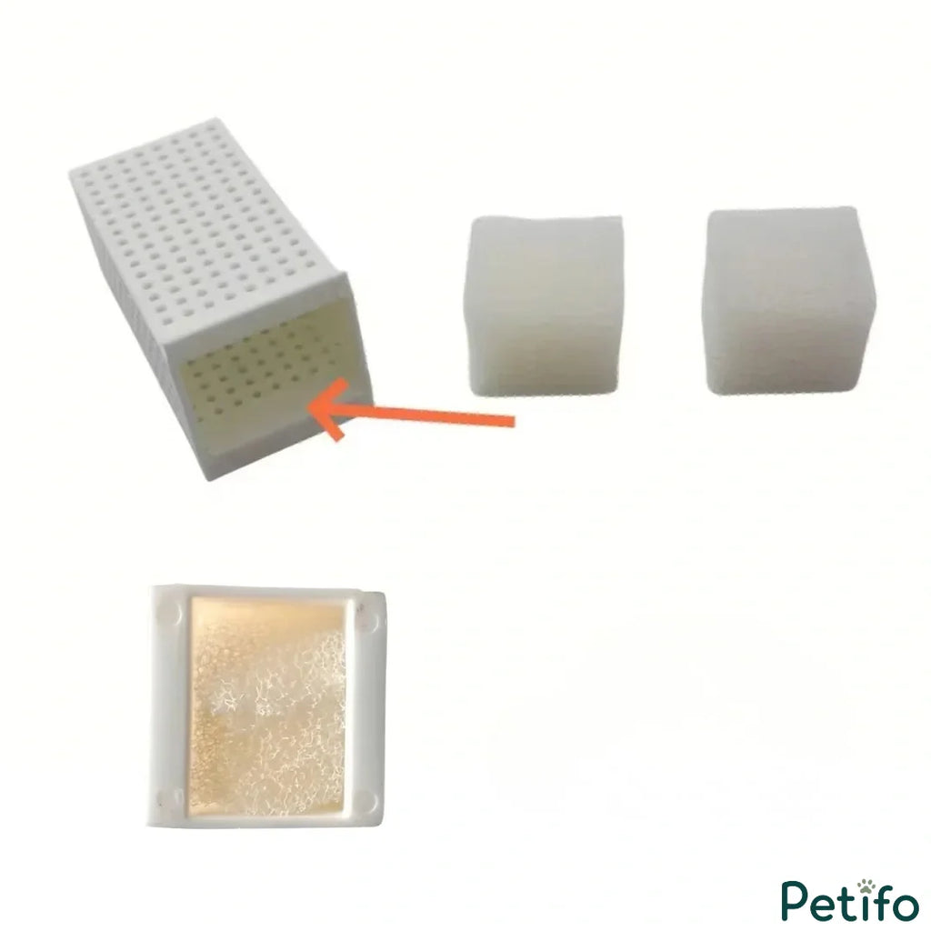 Demonstration showing how sponge blocks fit inside the water fountain filter casing