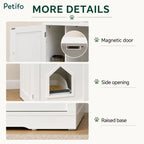 A Petifo infographic highlighting key features: a magnetic door closure, a discrete house-shaped side opening for entry, and a raised base for stability.