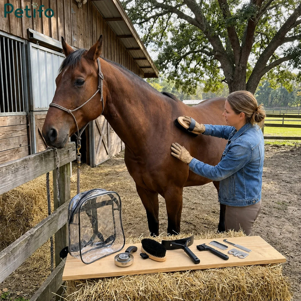 Woman grooming a brown horse with a body brush next to a stable with tools displayed on a hay bale.