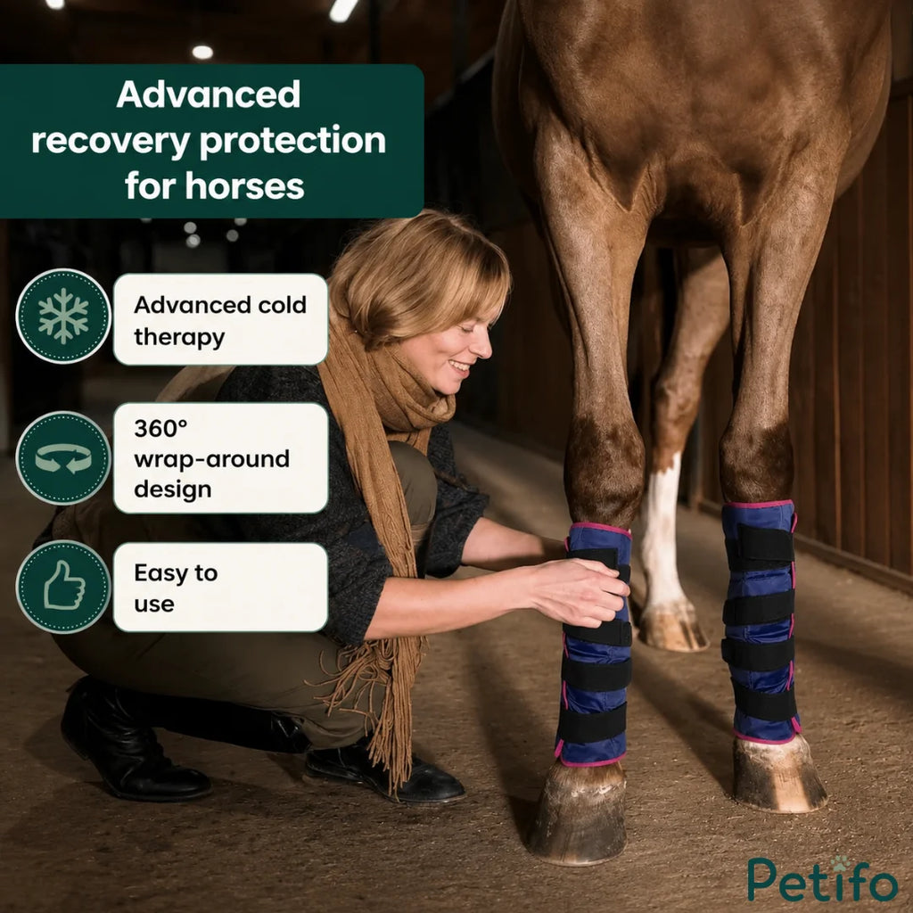 Stable hand applying cold therapy wrap to a horse's leg in a stable.