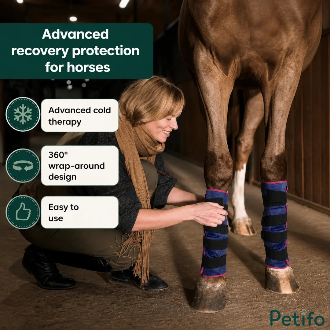 Stable hand applying cold therapy wrap to a horse's leg in a stable.