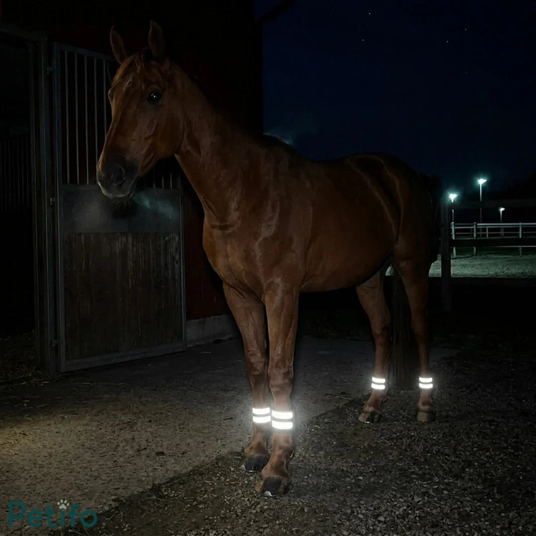 Brown horse wearing reflective leg bands standing in a dark stable courtyard at night.