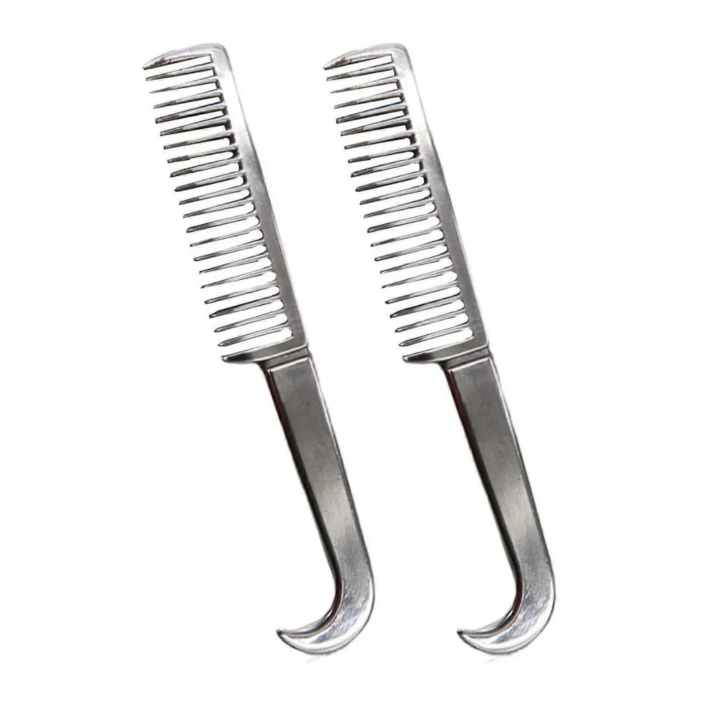 Metal mane comb shown in a product shot against a plain white background.