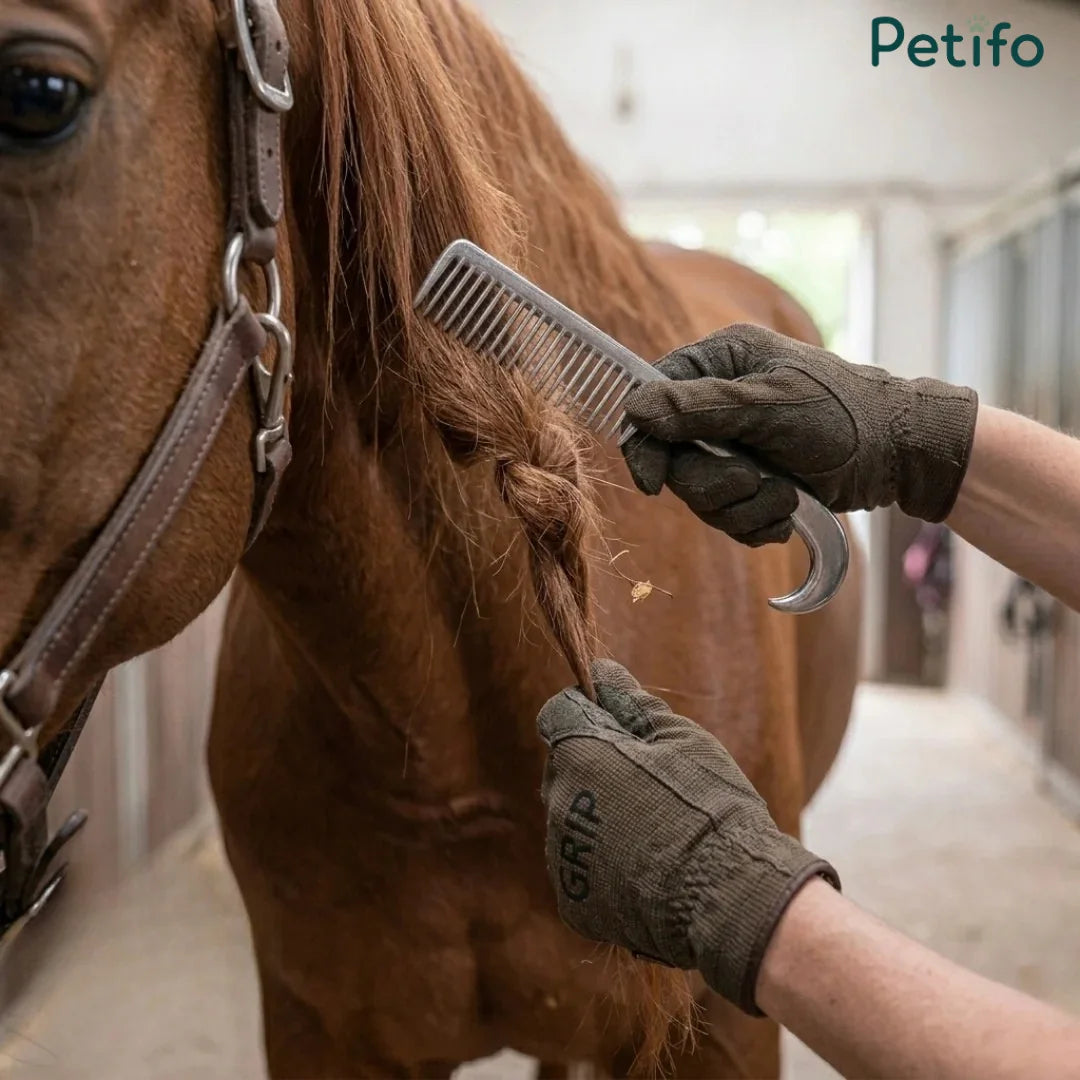 Stainless steel grooming comb being used to brush a horse's mane in a stable.