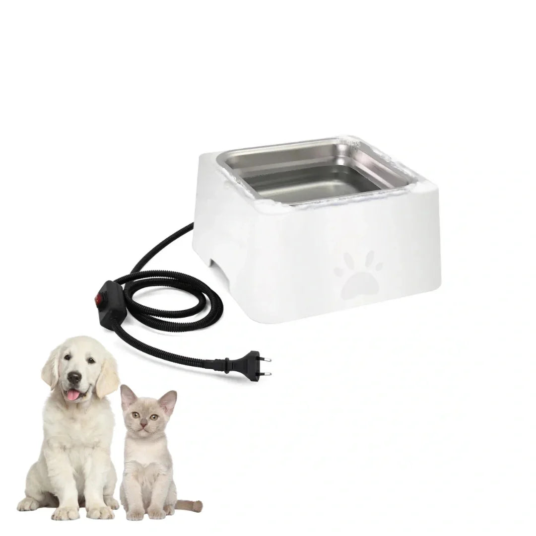 White electric heated pet water bowl with stainless steel insert, power cord, and a puppy and kitten sitting side-by-side.