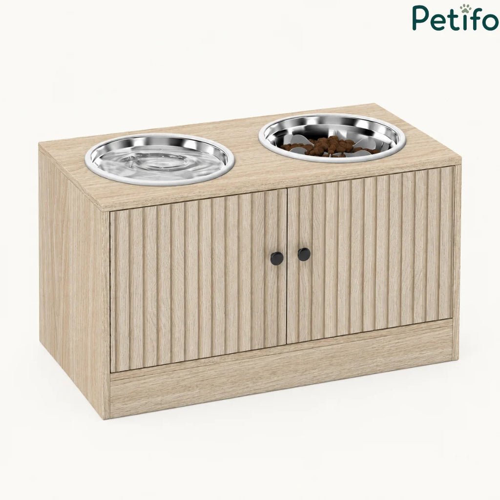 A standalone view of the Petifo wooden raised feeding station with two stainless steel bowls, one for water and one for food.