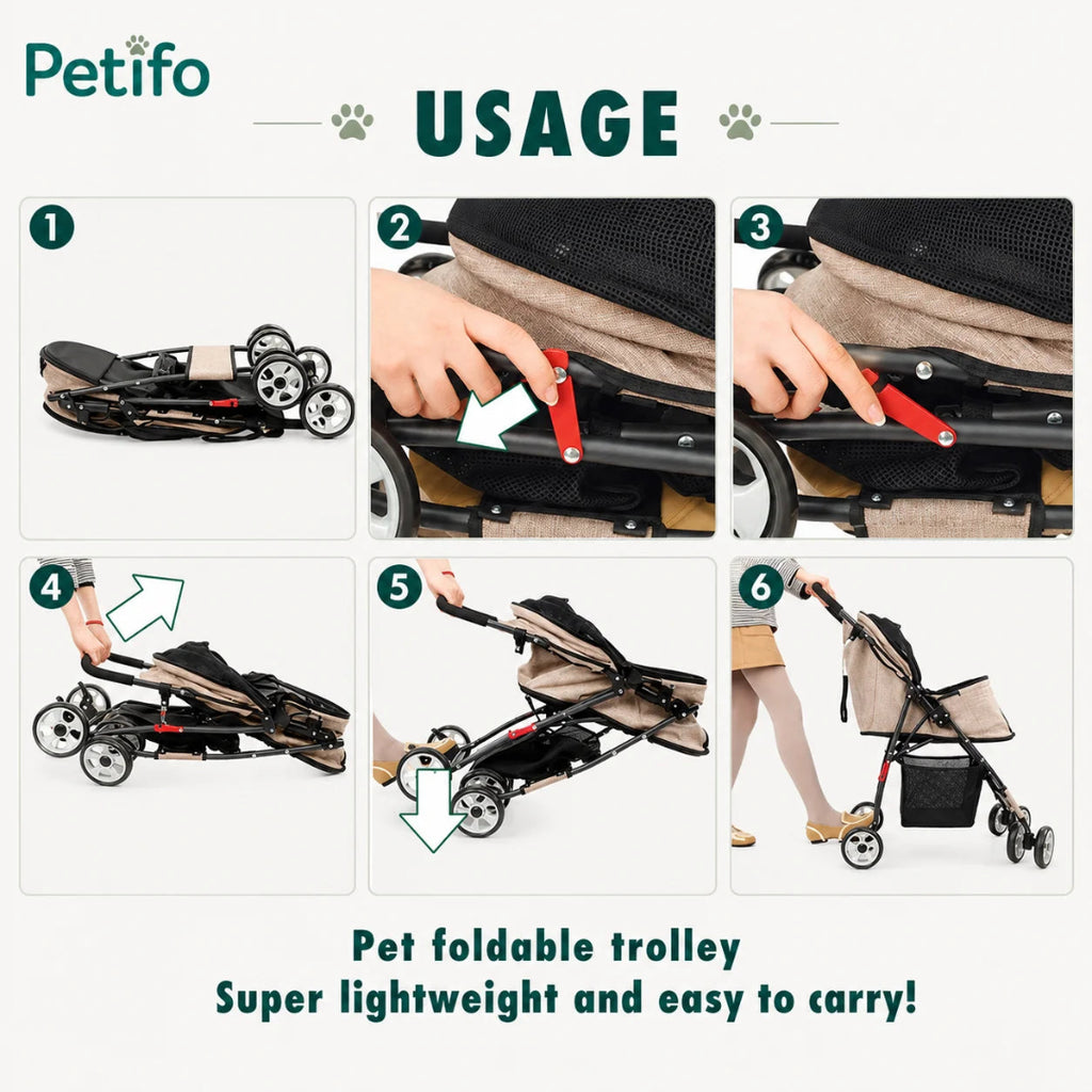 Step-by-step visual guide demonstrating how to fold and unfold the lightweight Petifo pet trolley